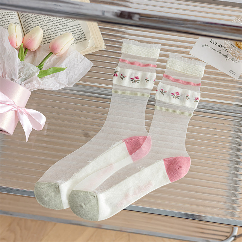 Green Powder Small Floral Glass Silk Pile Women's Socks