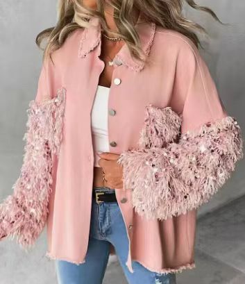 Loose Casual Sequin Denim Tassel Shirt Coat