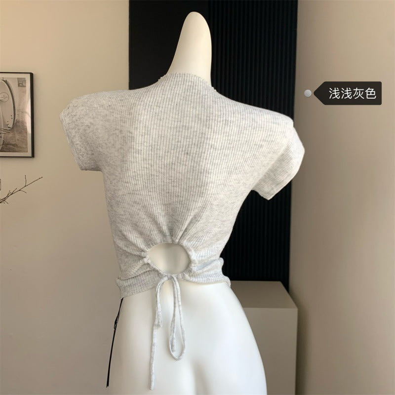 Back Strap Knitted Short-sleeved T-shirt Women's Slim-fit Short Knitted Top