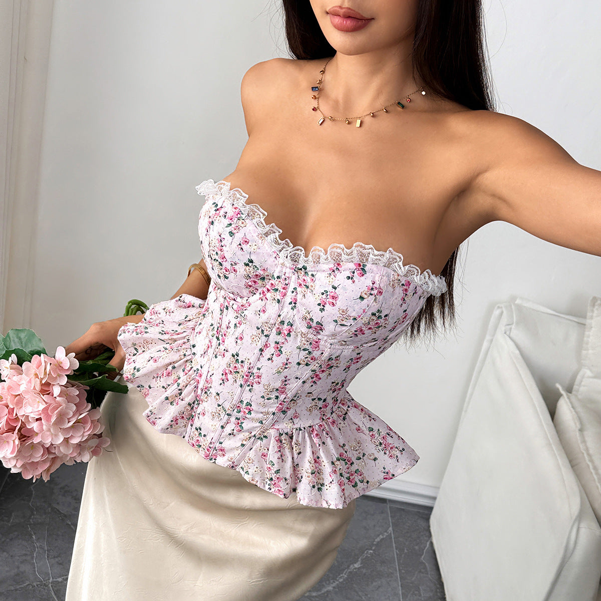 Womens Floral Patchwork Lace Underwire Fishbone Pleated Ruffle-waist Tie-up Tube Top