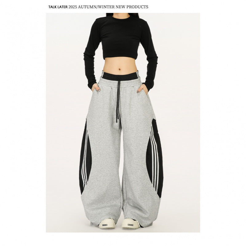 American-style Retro Faux Two-piece Striped Patchwork Jogger Pants