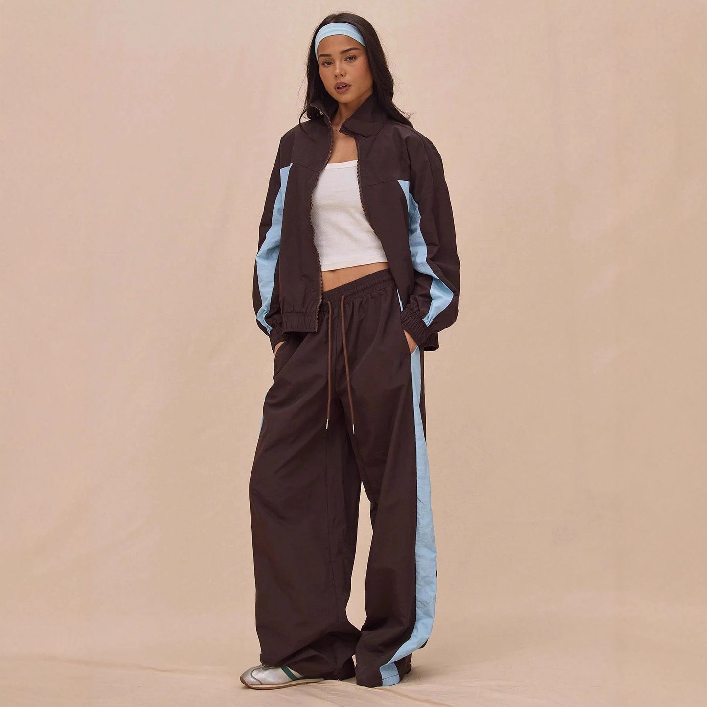 Stylish Womens Striped Zip-Up Jacket And Lace-Up Pants Set