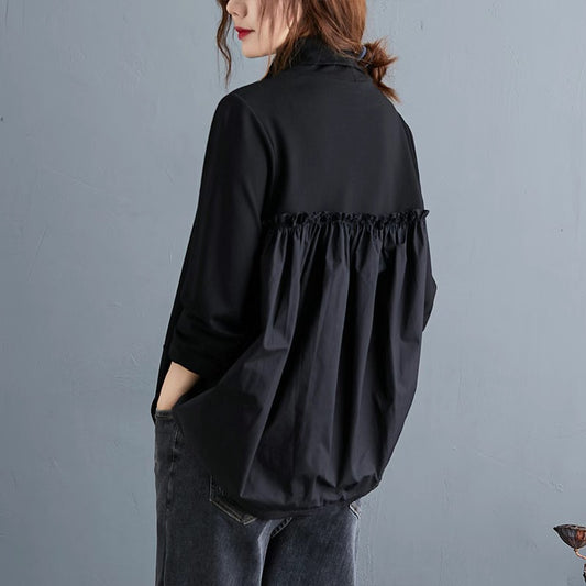 Retro Casual Patchwork Loose Long-sleeved T-shirt Turtleneck Bottoming Shirt