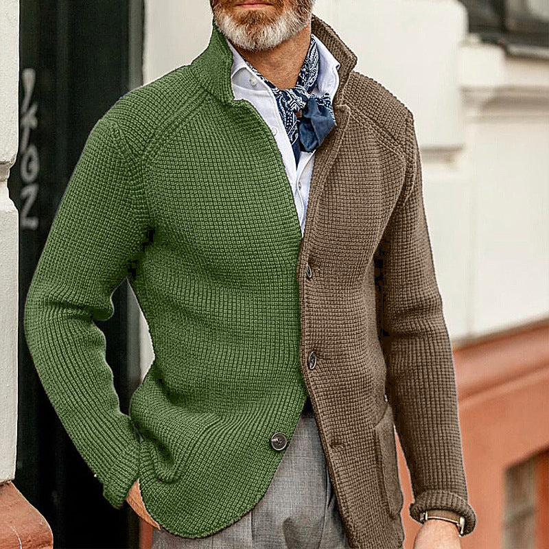 Color Blocked Slim Stand Collar Long Sleeve Knitted Coat