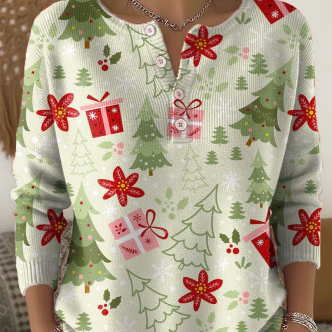 Womens Retro Printed Four-Button Stand-Up Collar Sweatshirt