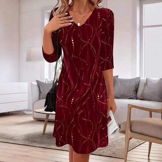 Womens Printed V-Neck Mid-Sleeve Dress