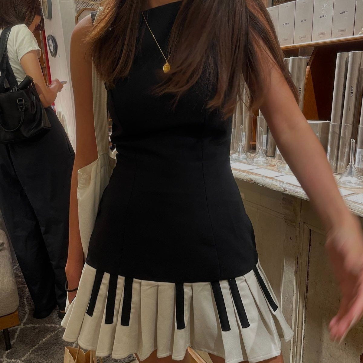 Women's Fashion Color-Block Pleated Skirt Dress With Piano Key Design