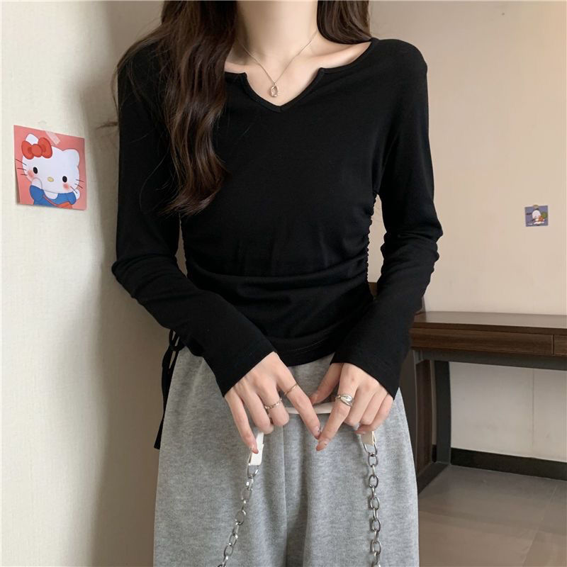 Short Belly Covering Slimming Drawstring V-neck Shoulder T-shirt
