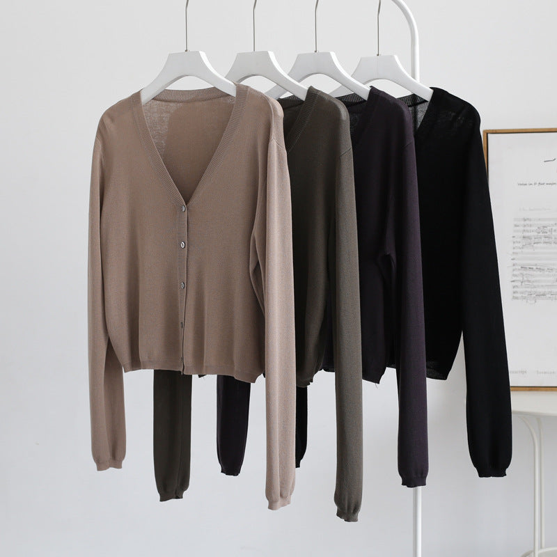 Spring And Summer V-neck Short Tencel Knitted Cardigan Pure Color All-matching