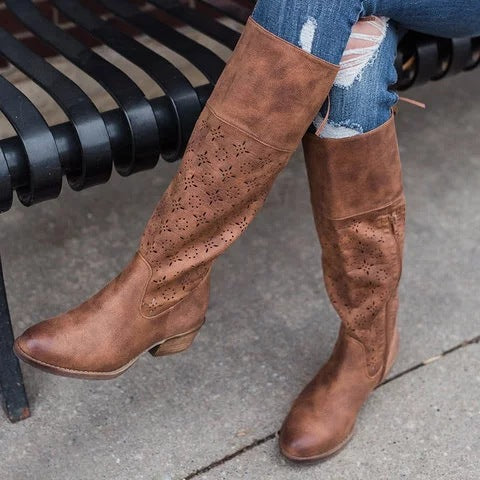 Autumn And Winter Low-heeled Hollow Burnt Half Zipper Knight Boots