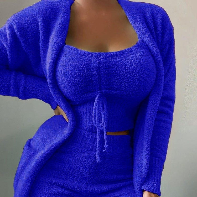 Womens Slimming Three-Piece Casual Solid-Color Long-Sleeve Set