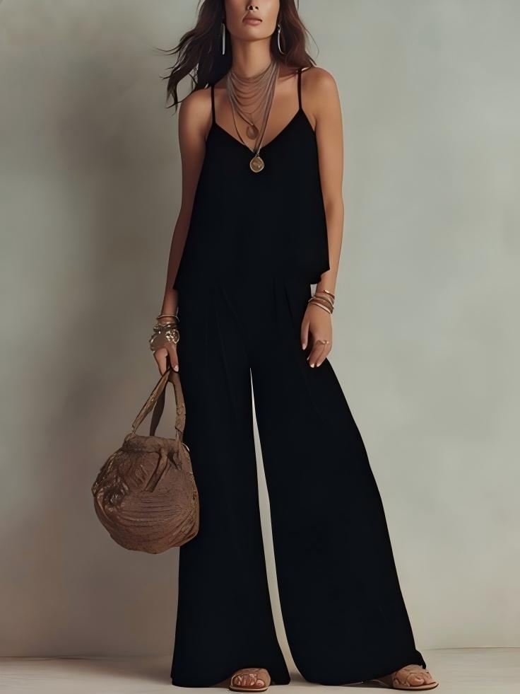 French-style Minimalist Slip Top And Wide-leg Pants Two-piece Set For Women