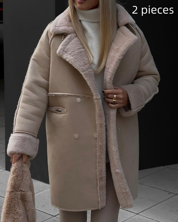 Suede Coat Suit Collar Long Cardigan Long Sleeve Plush Coat