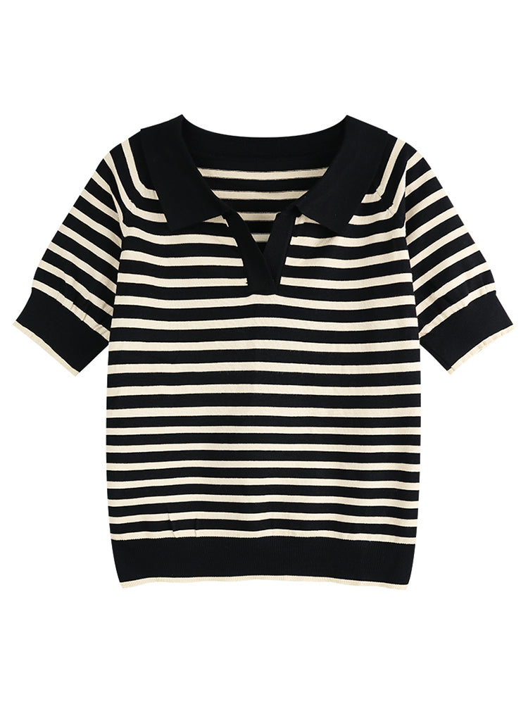 Thin Summer Striped Short Sleeve T-Shirt Knit Top