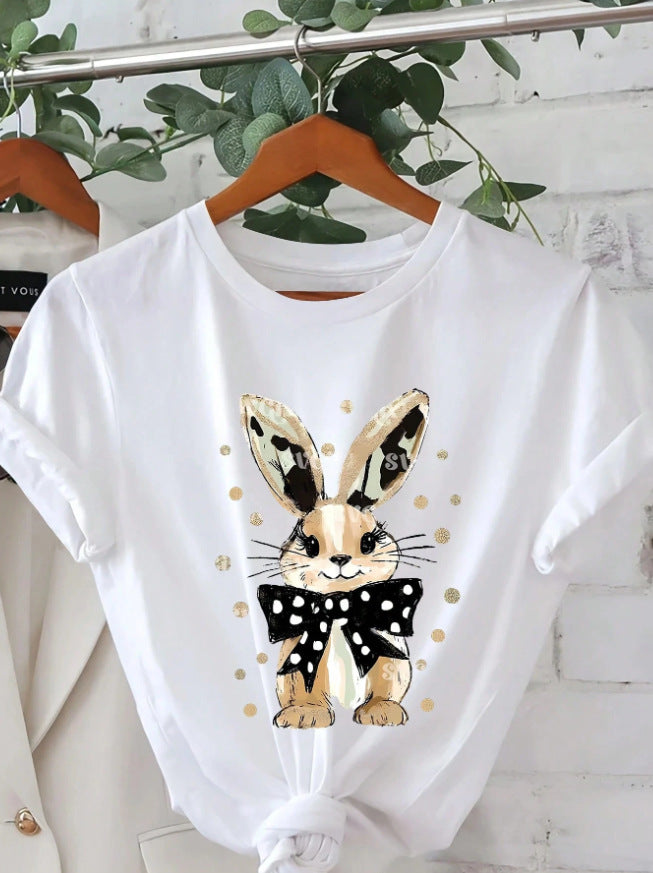 Happy Easter Rabbit Printed Women's Round Neck Short Sleeve T-shirt