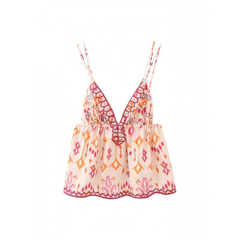V-neck Brace Sequin Embroidery Decoration Spaghetti-strap Camisole Top