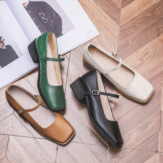 Women's Vintage Mary Jane Leather Square Toe Shoes