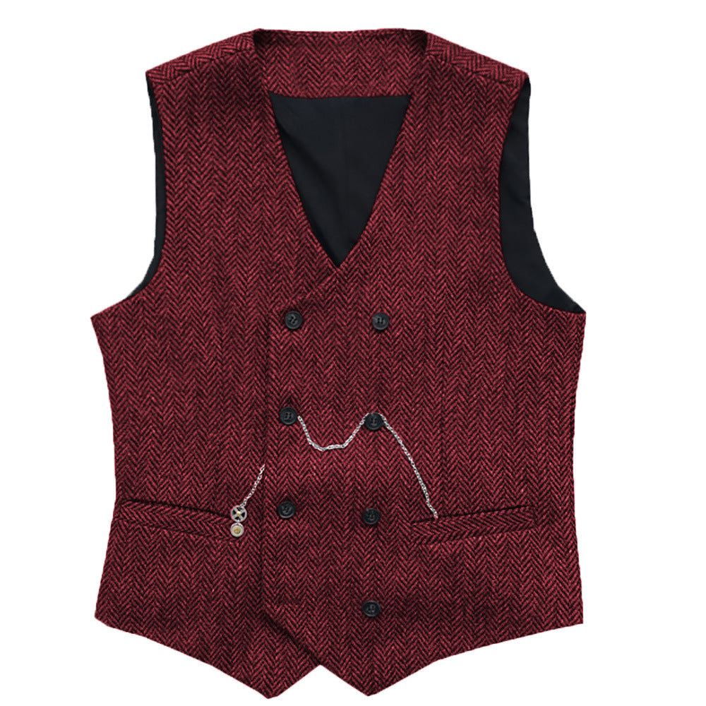 Men's Suit Vest Herringbone Pattern Faux Wool Vest Double Breasted V-neck