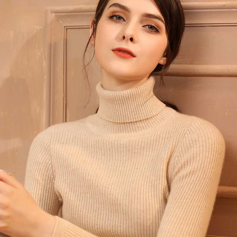 Kvinder Rullekrave Sweater Slim-fit Revers Fortykket Strikket Undertrøje