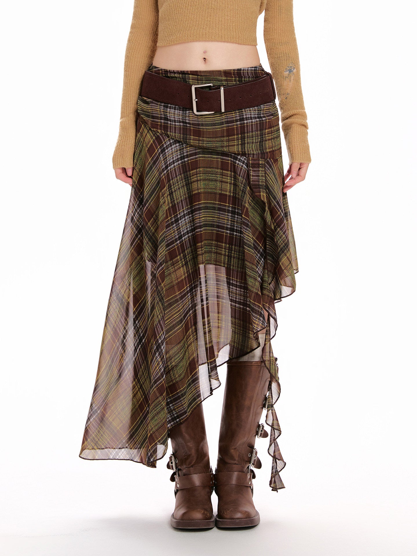 Green Chiffon Plaid Asymmetrical Skirt
