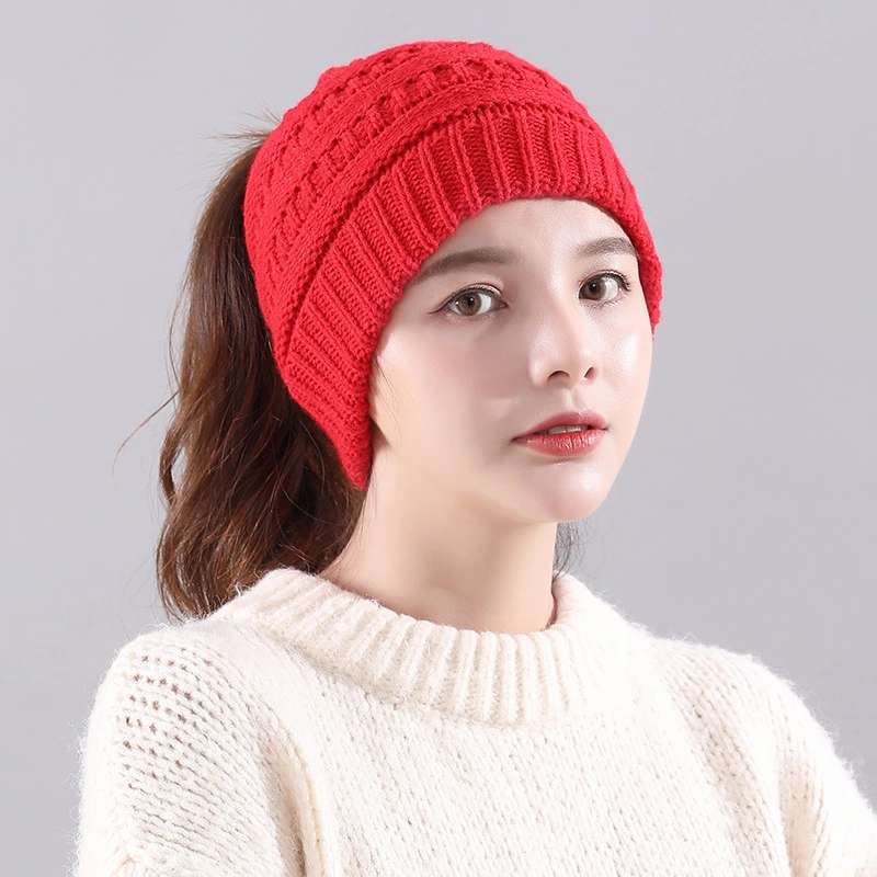 Ladies Ponytail Solid Color Warm Casual Wool Hedging Hat