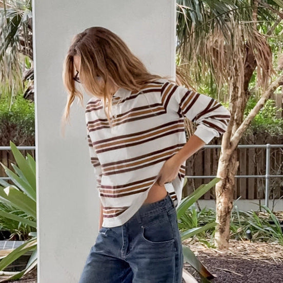 Retro Contrast Color Striped Slim Fit Slimming Casual Versatile Long Sleeves T-shirt