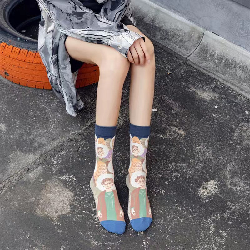 Trendy Mid-calf Length Socks Preppy Style Stockings Artistic Illustration Socks