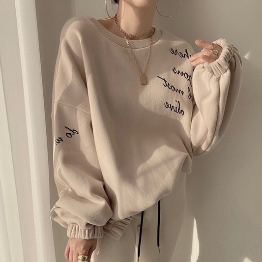 Women's Simple Round Neck Pullover Letter Print Loose Sweater