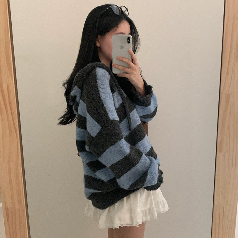 Contrast Color And Versatile Long Sleeve Hooded Striped Sweater Pullover