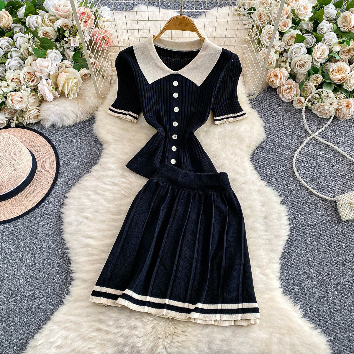 Contrast-color Button-front Top With A High-waisted Skirt