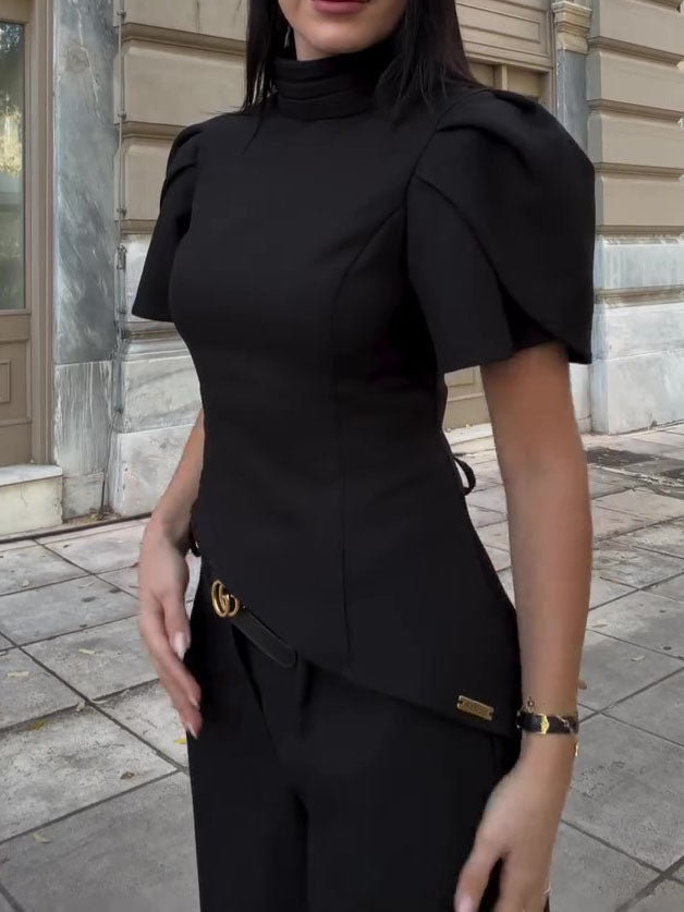 Black Turtleneck Puff Sleeve Waist-Cinched Top & High Waist Wide-Leg Pants Set