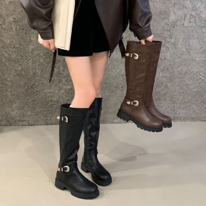 Vintage Women's Leather Belt Buckle Side-zip Fashion Boots