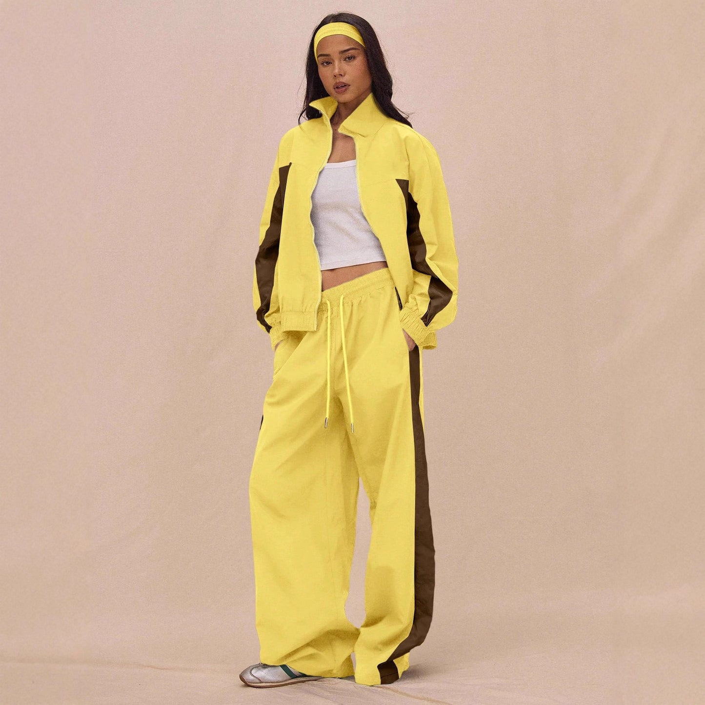 Stylish Womens Striped Zip-Up Jacket And Lace-Up Pants Set