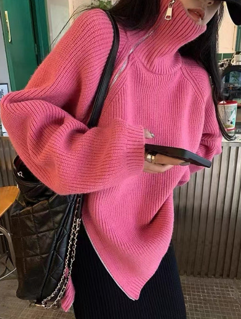 Loose, Mid-Length Effortless-Style Knitted Sweater For Women With Side Zipper And Lapel Design