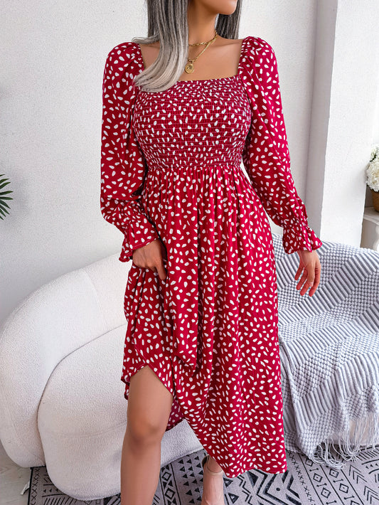 Women Square Neck Long Sleeve Vacation Rayon Pleated Maxi Dress