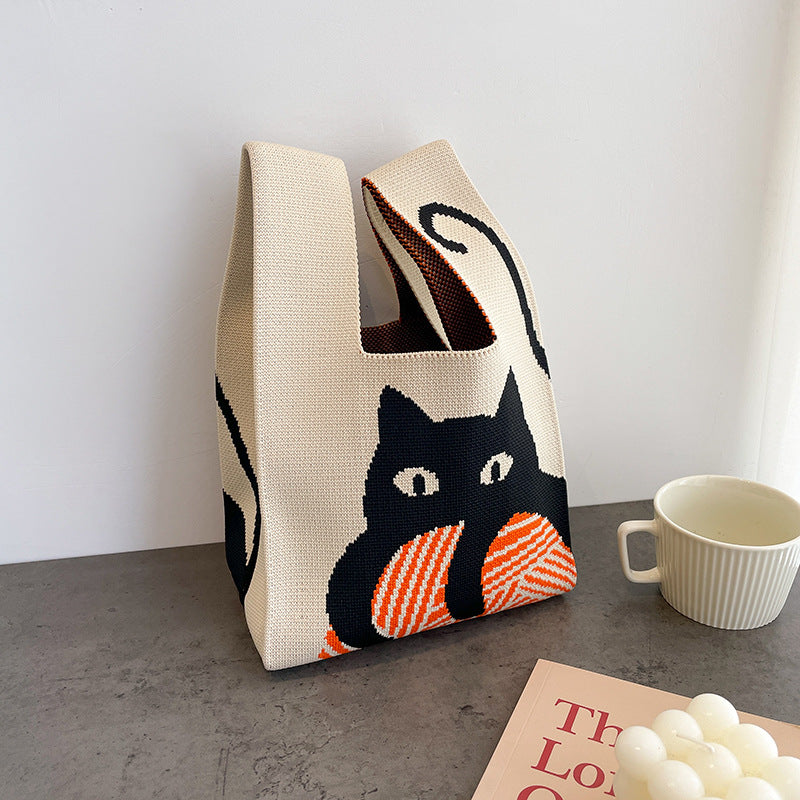 Cute Cartoon Wool Kitty Knitted Bag Women's Off-street Handbag
