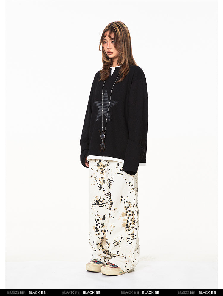 American Retro Fake Two-piece XINGX Patch Sweater