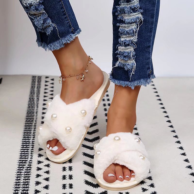 Women's Indoor And Outdoor Warm Pearl Cross Slippers