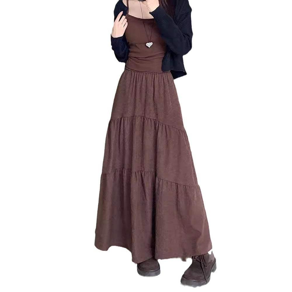 Pleated Stitching Elastic Waist Loose All-match Large Swing A- Line Dress