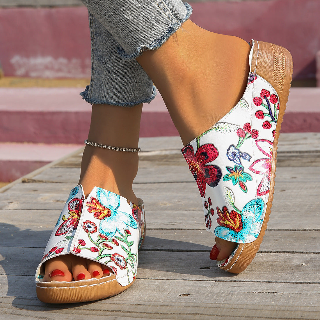 Peep Toe Wedge Mode Enkel Slip-on Mode Sandal Sutsko