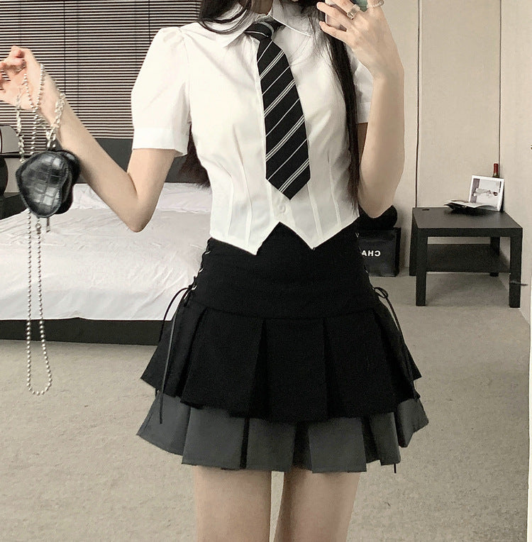 Summer New Double Layer Color Matching Lace Up Skirt For Women