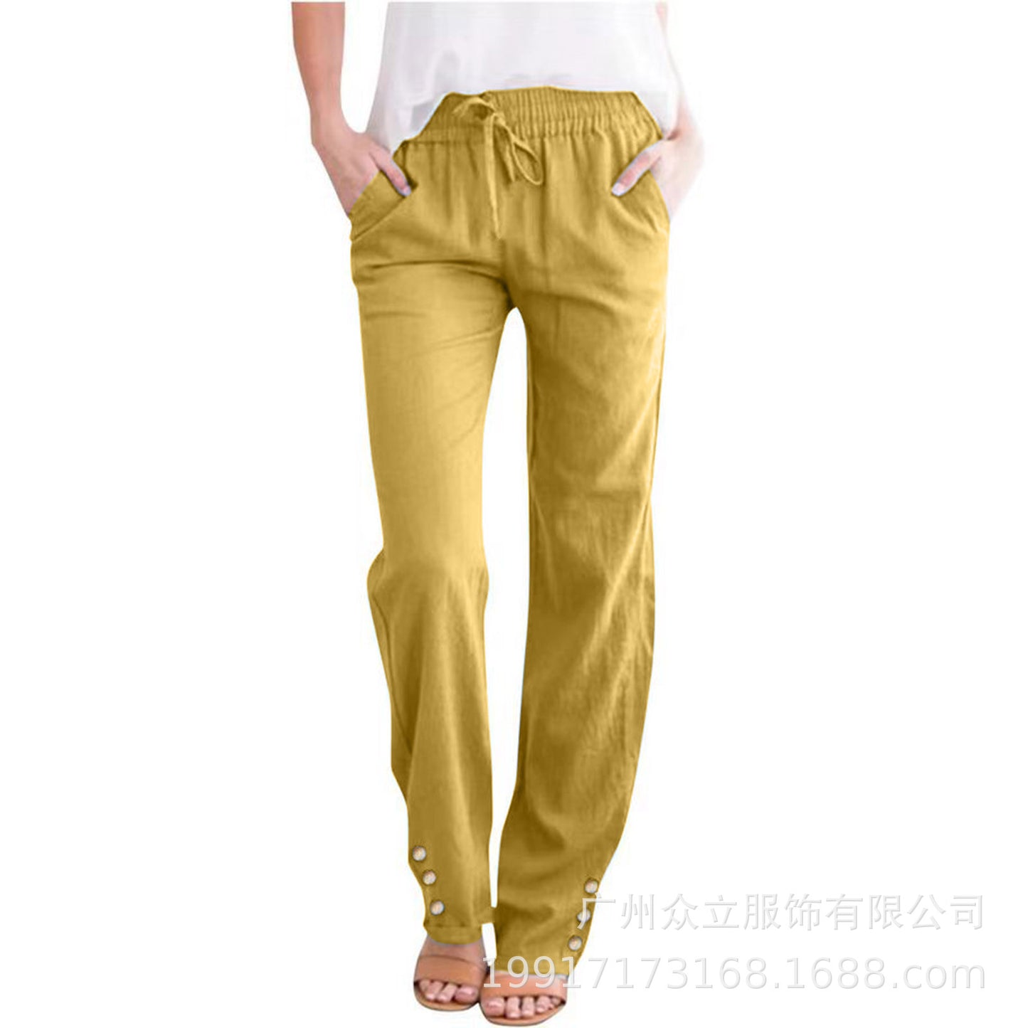 Solid Color Cotton And Linen Loose Drawstring Button Casual Wide-leg Trousers
