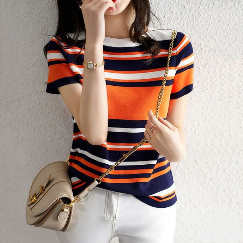 Color-block Crew-neck Knit Top Loose-fitting Sweater