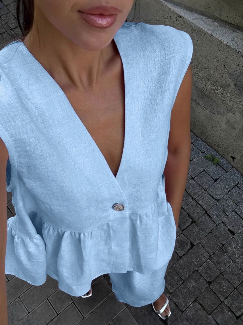 Womens Cotton V-Neck Sleeveless Vest And Wide-Leg Pants Set