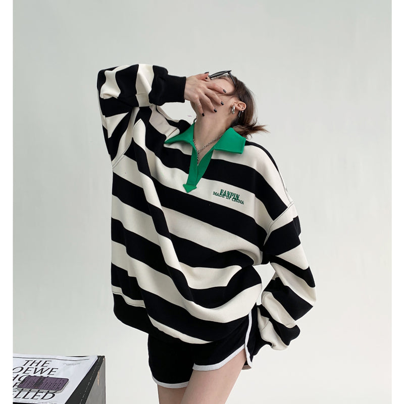 Herre Unisex Revers Stribet Broderet Sweatshirt
