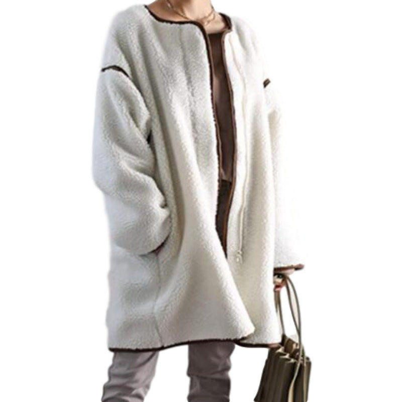 Pure Color Stitching Long-sleeved Round Neck Zipper Plush Jacket