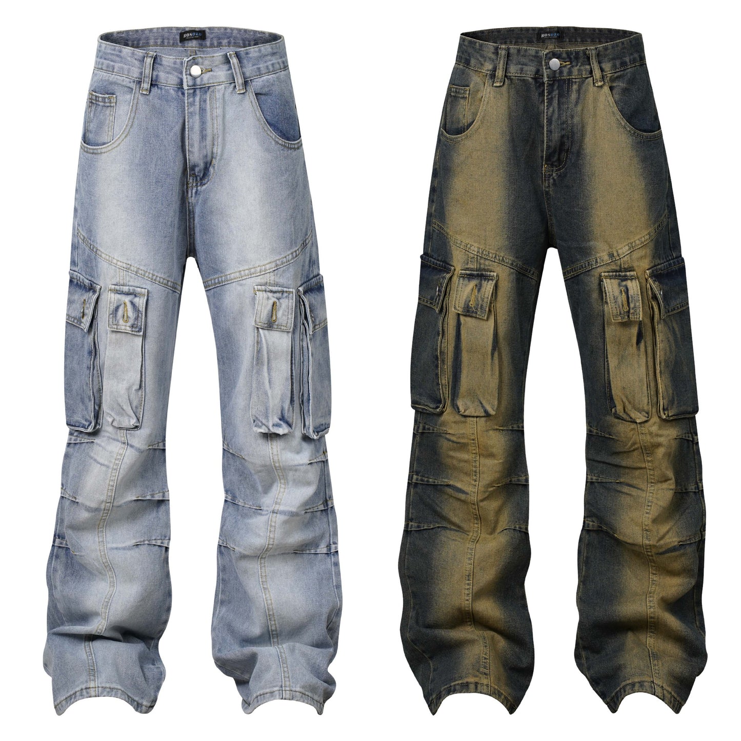 High Street amerikansk vasket slidt plisseret denimheldragt med flere lommer