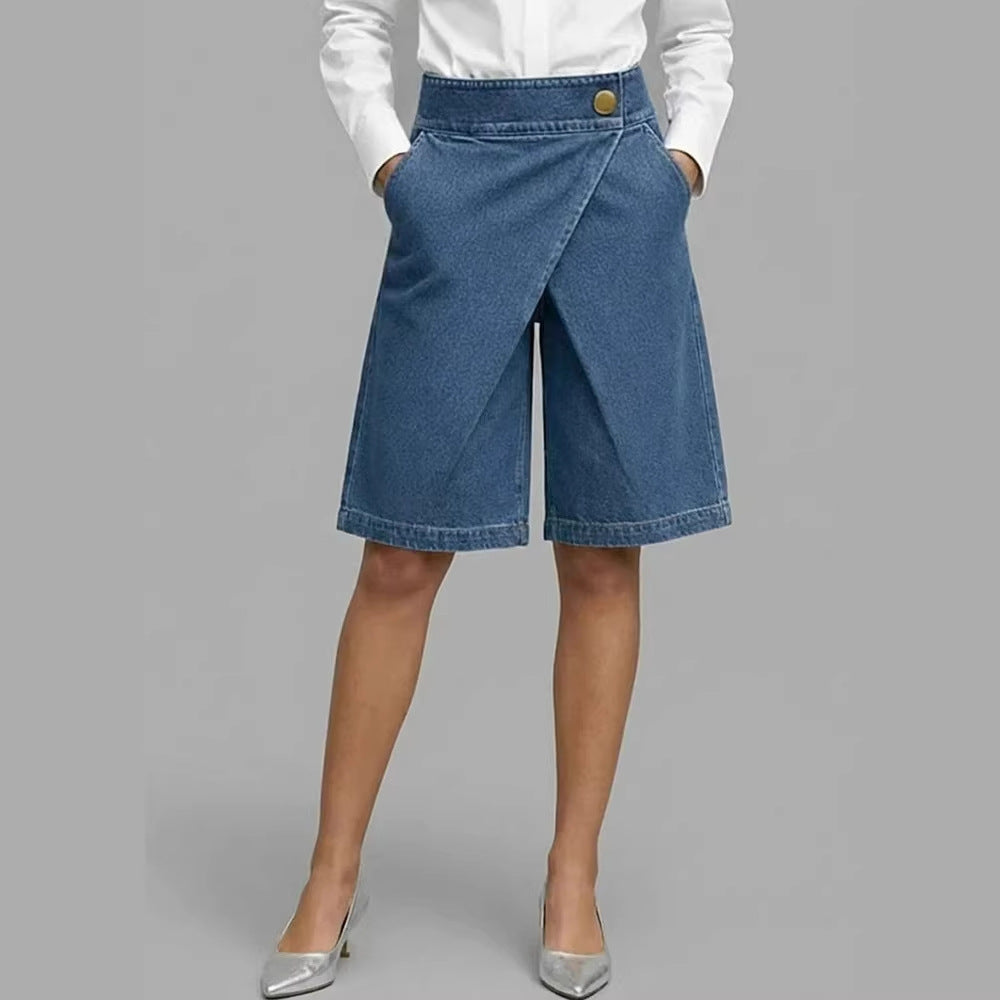 Asymmetriske croppantbukser til kvinder i imiteret denim