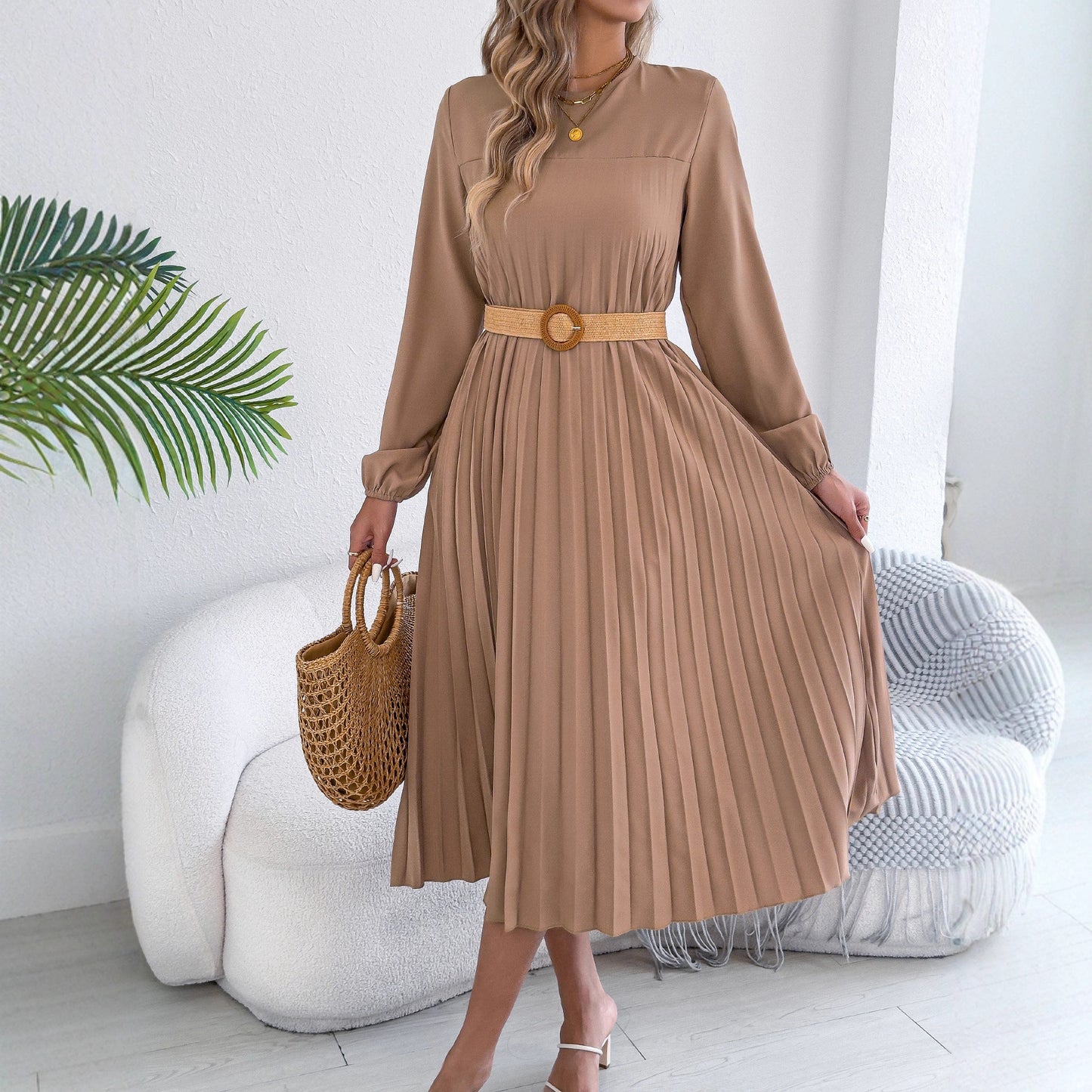 Casual Solid-color Long-sleeve Pocket Pleated Dress