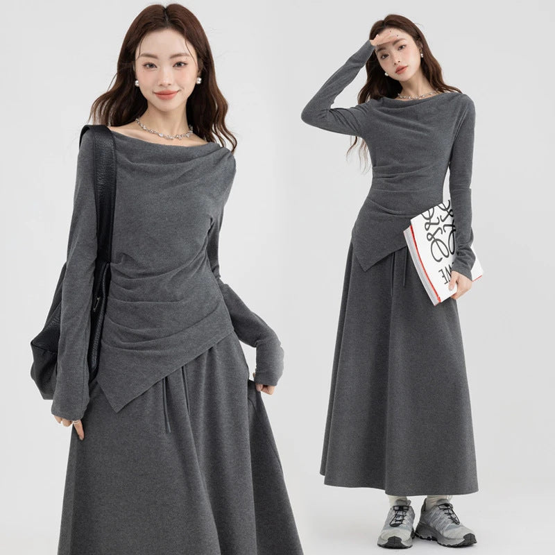 Casual Asymmetrical Top And Off-the-shoulder Skirt Set